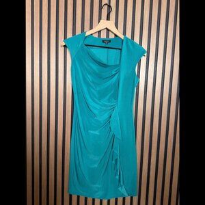 Komarov Dress Petite P Womens Turquoise Blue Cocktail Stretch Ruched Sleeveless